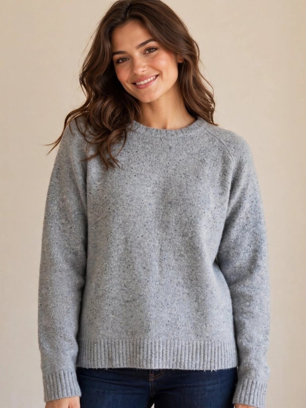 Wills Sweater M 100% Merino Wool Crewneck Blue Grey Flecked Minimalist